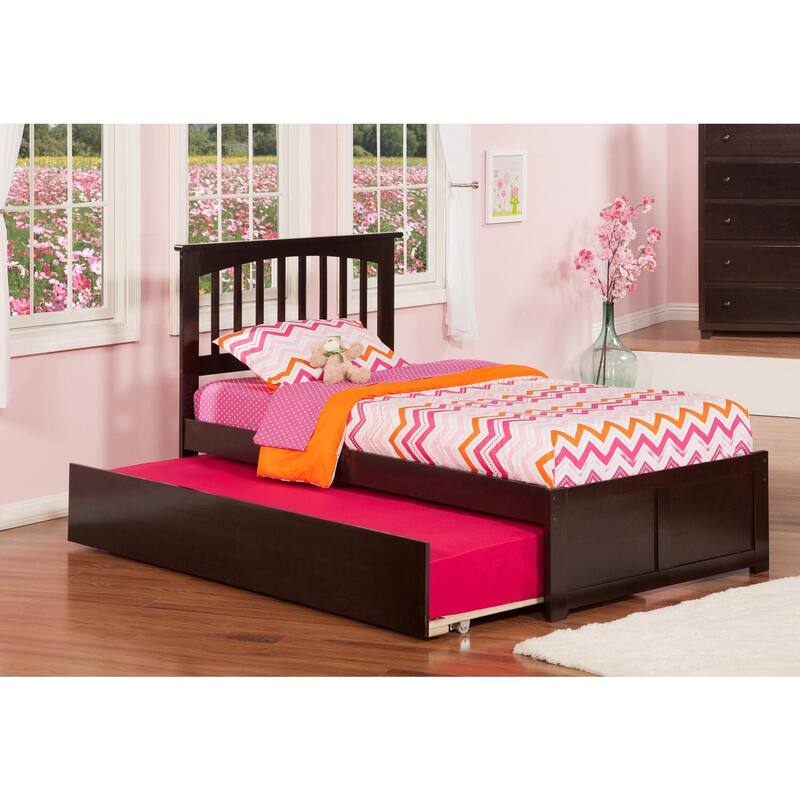 Full Platform Bed with Trundle - Twin Size, Urban Chic Design, Walnut Finish, Space Saving Bed Frame