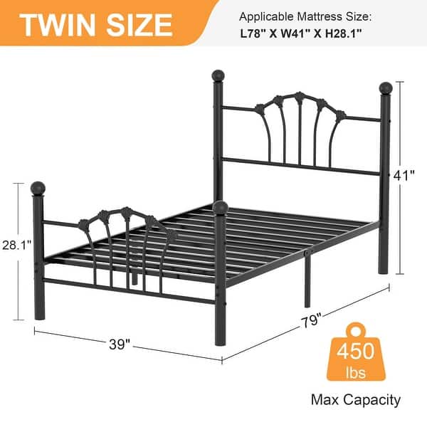 dimension image slide 1 of 3, VECELO Classic Twin Size Metal Bed Frame Shell Design with Roman Columns Sturdy Twin Bed Frame for Kids Space-Saving Twin Bed