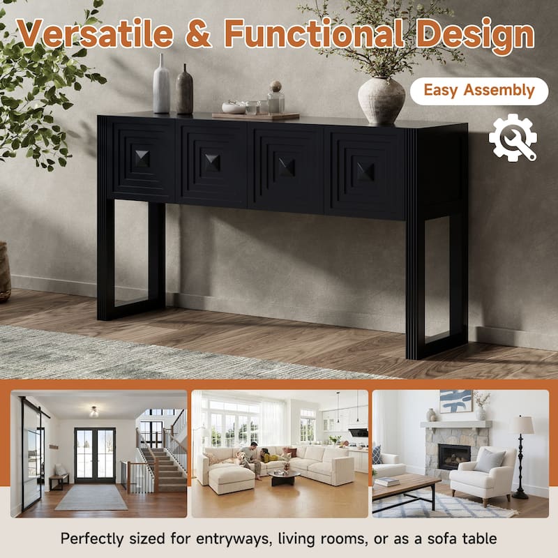 Christopher Knight Home - Modern Geometric Carved Console Table with Soft-Close Drawers & Fluted Legs for Living Room, Hallway