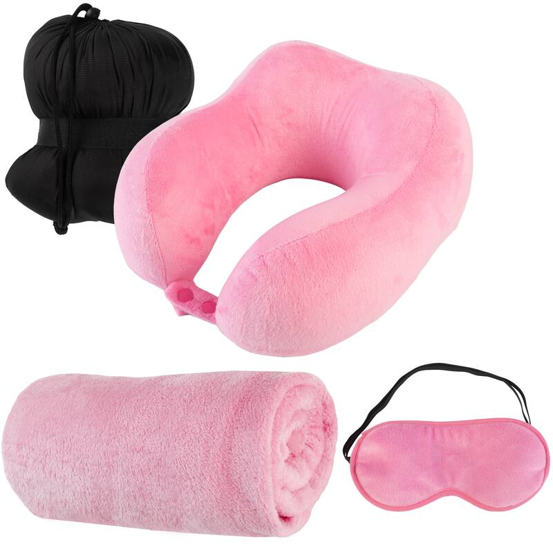 Travel Pillow Set - Memory Foam Pillow, Fleece Blanket, and Eye Mask by Home-Complete (Blue)