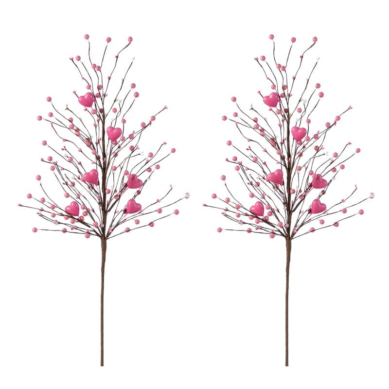 Glitzhome Set of 2 28"H Valentine's Day Berry & Heart Pick Artificial Branch - Pink
