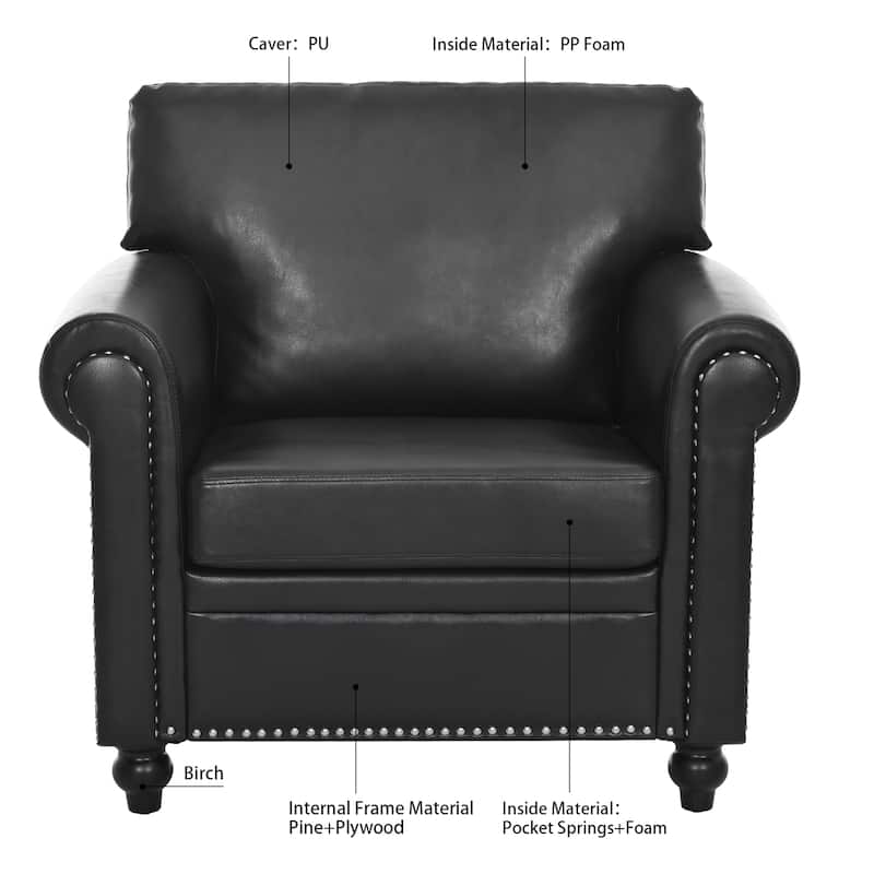 Black PU Modern 37.4" Upholstered Accent Chair with Solid Wood Frame and Nailheads for Living Room