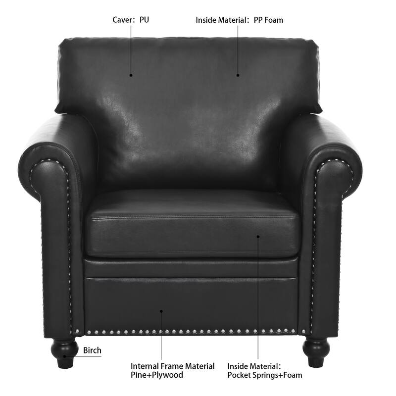 Faux Leather Single Sofa Chair for Living Room, Rolled Arms Accent Chair with Rivet Trim&Wood Legs, Modern Upholstered Armchair