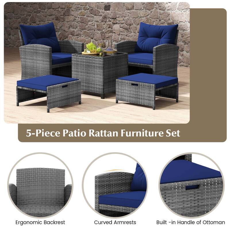 Costway 5 Piece Patio Rattan Furniture with 2 Ottomans & Tempered - See Details
