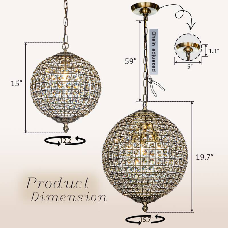 DancyHome 1/3-Light Retro Antique Gold Crystal Globe Chandelier Small Sphere Pendant Light - Antique Gold