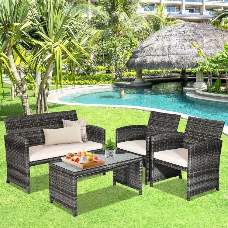 4 Pieces Patio Rattan Furniture Set with Glass Table and Loveseat - 43.5" x 25"x 31" (L x W x H)