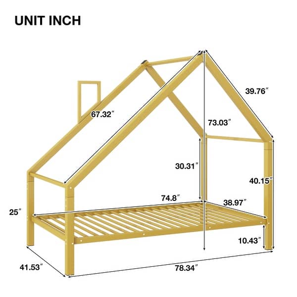 dimension image slide 1 of 2, Twin Size Metal House Platform Bed with Roof and Chimney