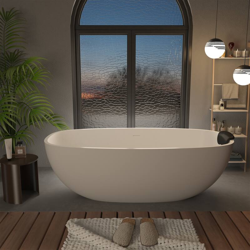CASAINC 71" Resin Stone Solid Surface Soaking Stand Alone Bathtub Freestanding Bathtub in Matte White - 71 inch