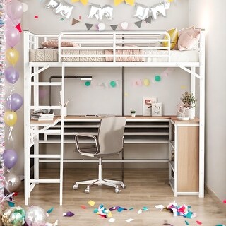 Twin Size Metal Loft Bed with 3 Layers of Shelves and L-shaped Desk