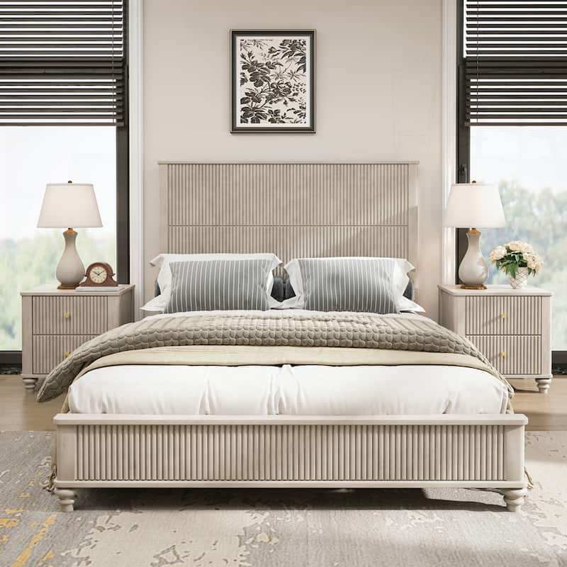 Solid Wood Bed Frame with Tall Headboard - Beige - Queen