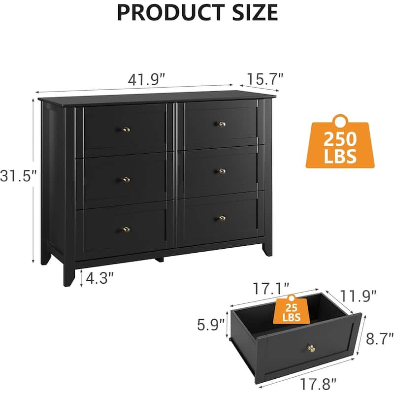 6 Drawer Dresser for Bedroom, Wooden Chest with Deep Drawers and Metal Knobs for Entryway, Hallway, or Kids Room