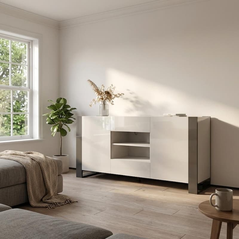 Meble Furniture Woody 65-inch Modern Sideboard Buffet with Metal Legs and Open Shelf Display