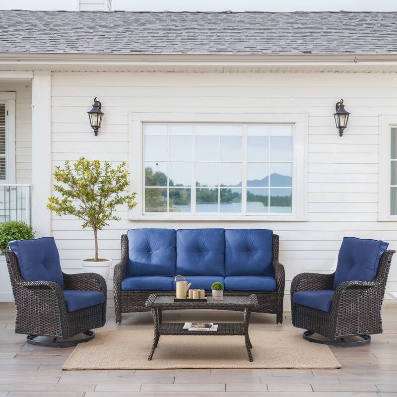 Outdoor Swivel Chairs with Sofa Coffee Table - Brown - Blue