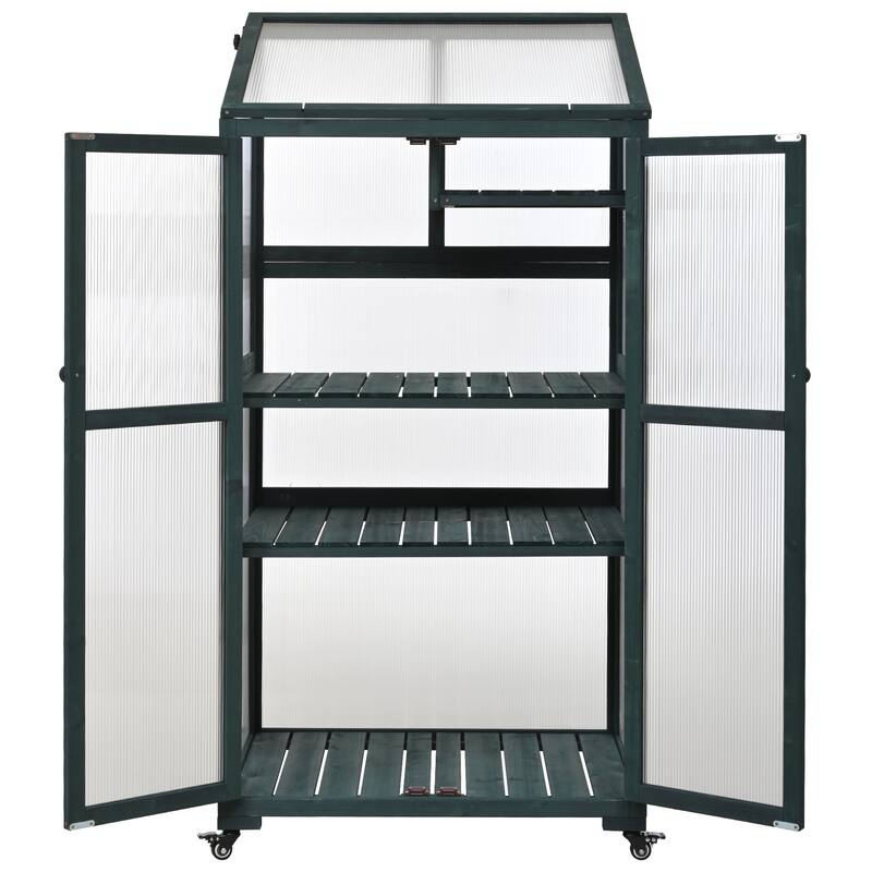 Roomfitters 62" Wood Greenhouse Cold Frame with Wheels and Adjustable Shelves for Indoor Outdoor Use, Green