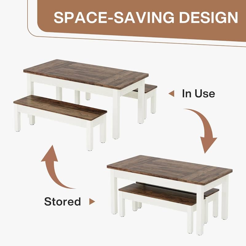 55" 3-Piece Dining Table Set for 4-6-Space-Saving Kitchen Table with 2 Tuck-Under Benches-Rustic Wood & Metal Furniture