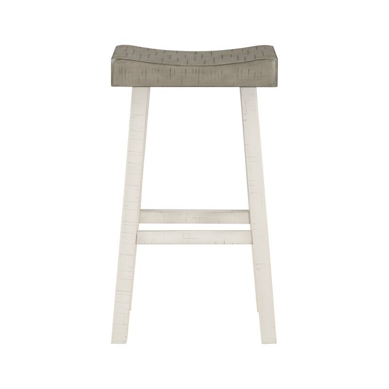 Casy 30 Inch Bar Height Stool, Gray Saddle Seat, White Rubberwood Frame