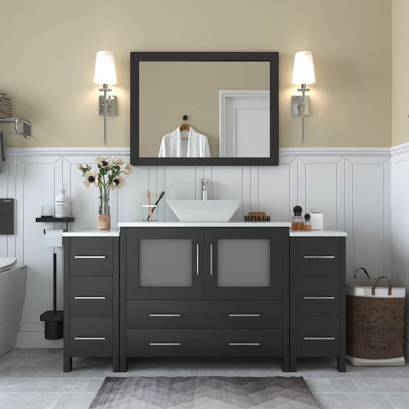 Vanity Art 60-inch Single Sink Bathroom Vanity Set With Engineered Marble Top and Free Mirror - 60 x 18.5 x 36 Inches - Espresso