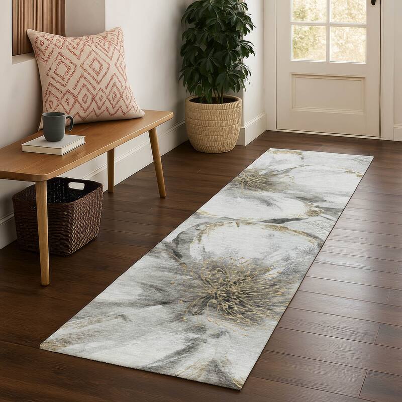 Premium Washable Super Soft Modern Floral Mayfield Rug - Silver - 2'3" x 7'6"