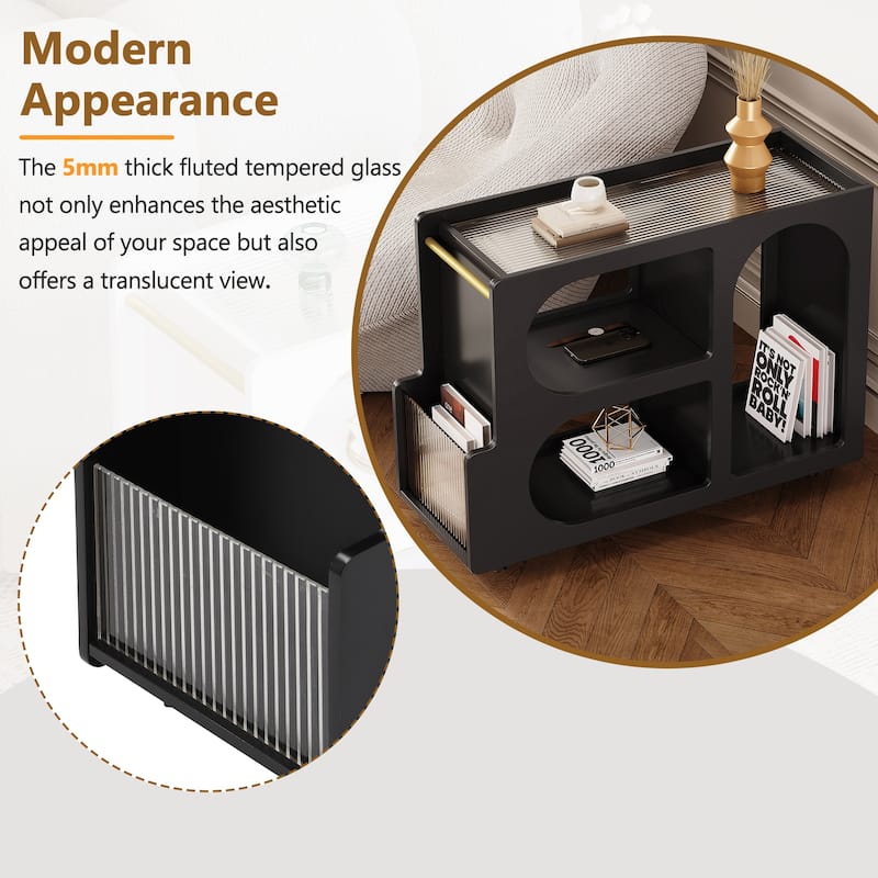 Roomfitters Mobile End Table with Lockable Wheels, Narrow Coffee Table with Fluted Tempered Glass and Golden Rod Design