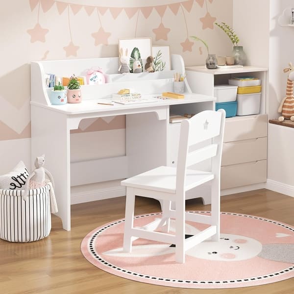 slide 2 of 12, Kids Desk and Chair Set, Wooden Children Study Table with Hutch White