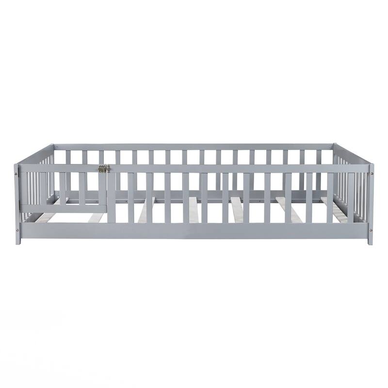 Full Size Floor Bed with Fence and Door,Rubber Wood Floor Bed with Safety Guardrails