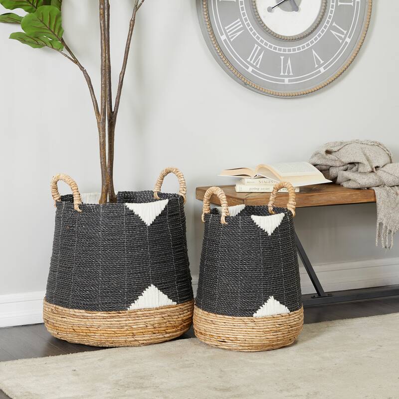Banana Leaf Handmade Triangle Details Storage Basket with Handles - Set of 2 Black or White - CosmoLiving by Cosmopolitan