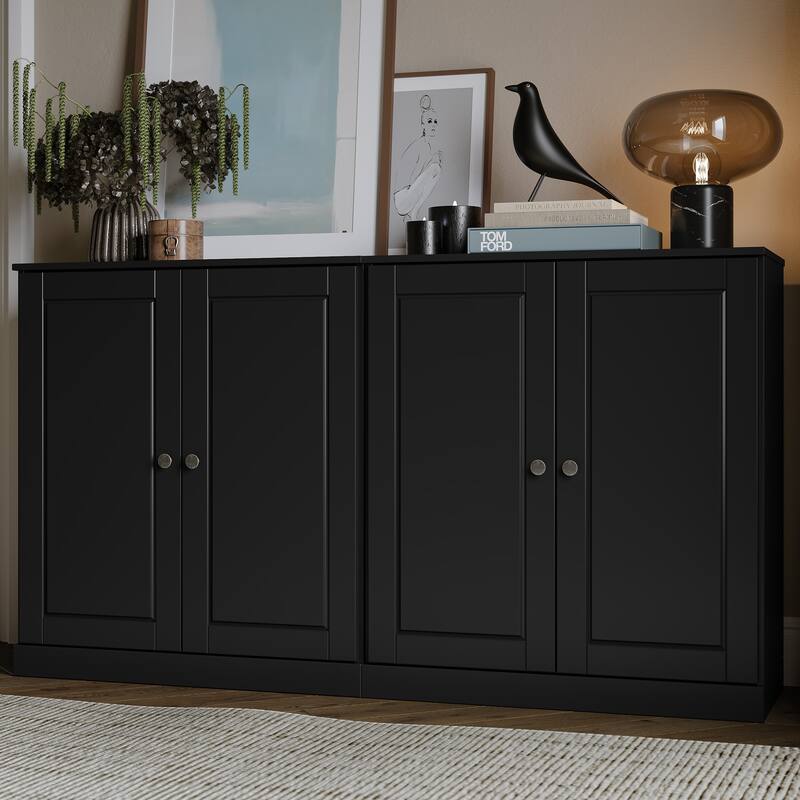 Palace Imports Solid Wood Sideboard, Raised Panel Doors, Adjustable Shelves - Black