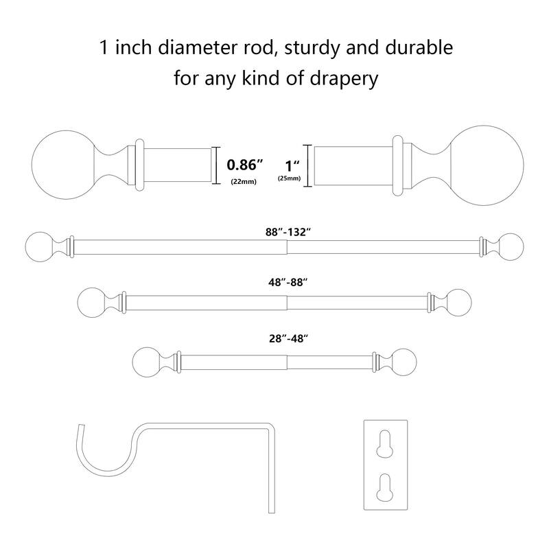 Tension Curtain Rods - Lordear 28" /48"/88" Black Metal Curtain Rod with Ball Top End Cap