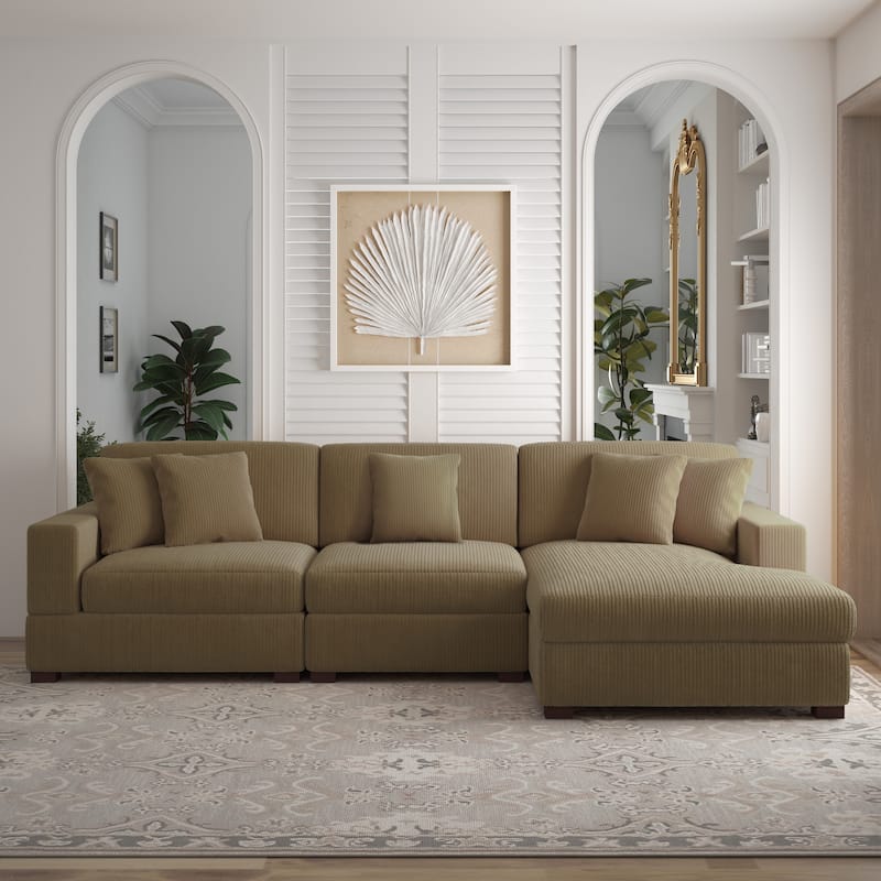 118" W Corduroy L-shape Modular Sectional Sofa with Pillows