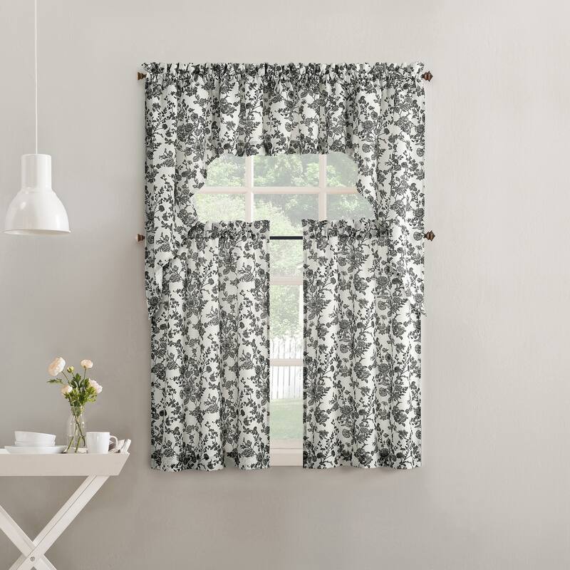 No. 918 Elara 2-Piece Tonal Botanical Semi-Sheer Rod Pocket Kitchen Curtain Swag Pair