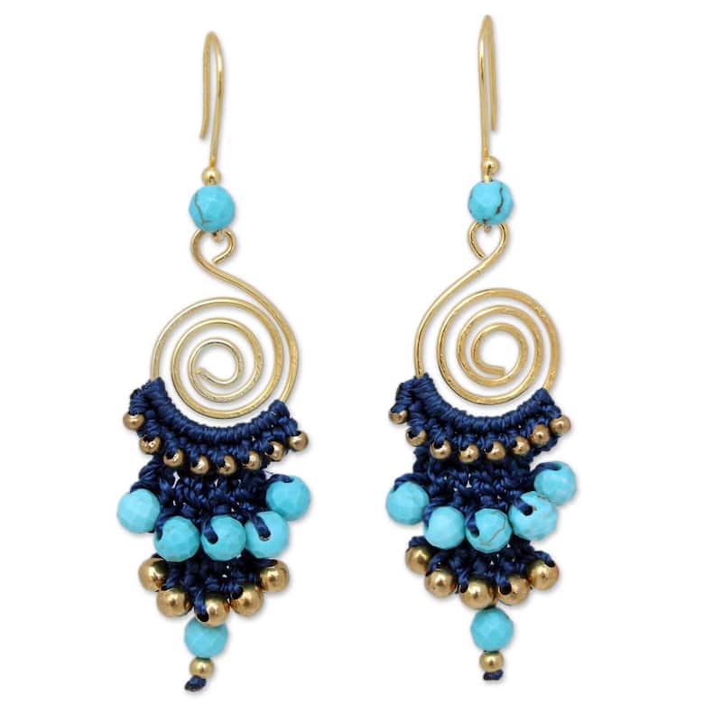 Handmade Gold Overlay and Brass 'Blue Spiral' Calcite Earrings (Thailand) - Aragonite - Blue - Yellow