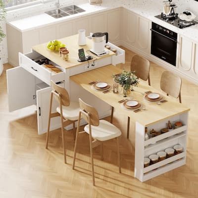 82.7" Wooden 4-6 Person Kitchen Island with Extendable Dining Table and Double-sized Storage