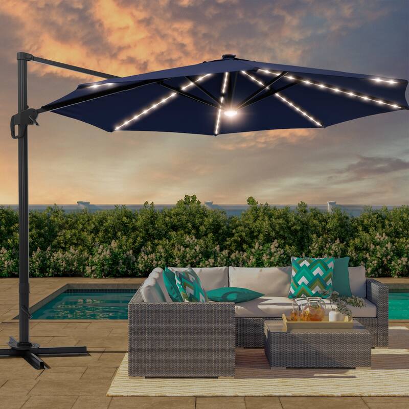 LIVOOSUN 11FT LED Patio Cantilever Umbrella w/Cross Base - Navy Blue