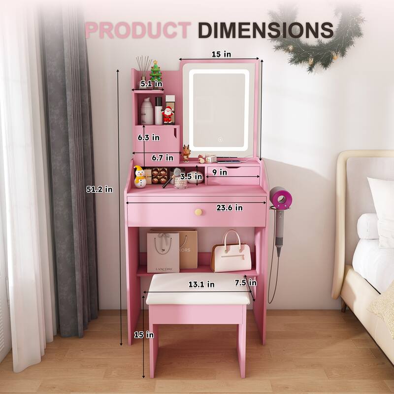 3-Color LED Vanity Mirror with Stool, Pink Dressing Table for Bedroom, 2 Drawers & 5 Storage Cabinets (4 Open + 1 Hidden)