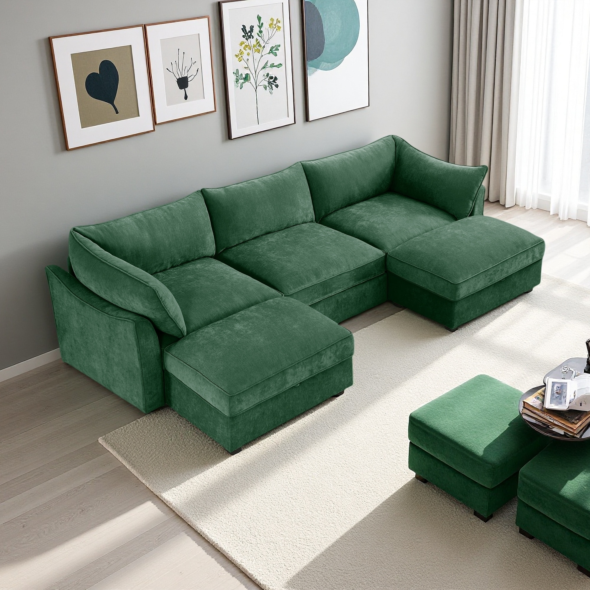 112.6" Chenille U-Shaped 3-Seater Sectional Sofa with 2 Ottomans & Under-Seat Storage
