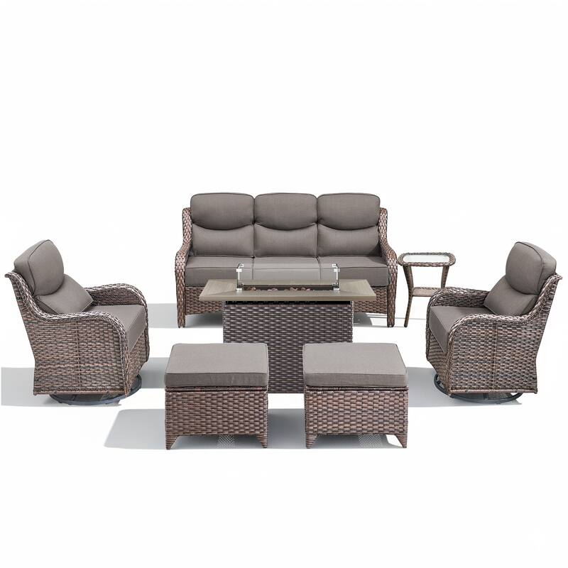 Meyreso 7-Piece Wicker Outdoor Patio Fire Pit Conversation Set with 6-Inch Thick Cushions
