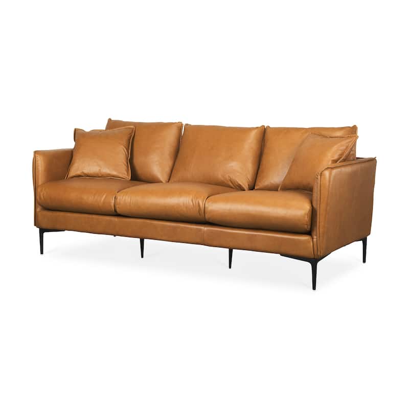 HomeRoots 86" Tan Leather Sofa And Toss Pillows With Black Legs