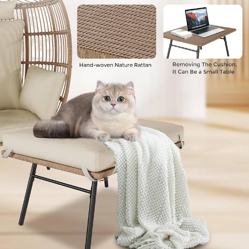 Rattan Wicker Egg Chair with Ottoman with Cushion for Balcony, Porch, Backyard