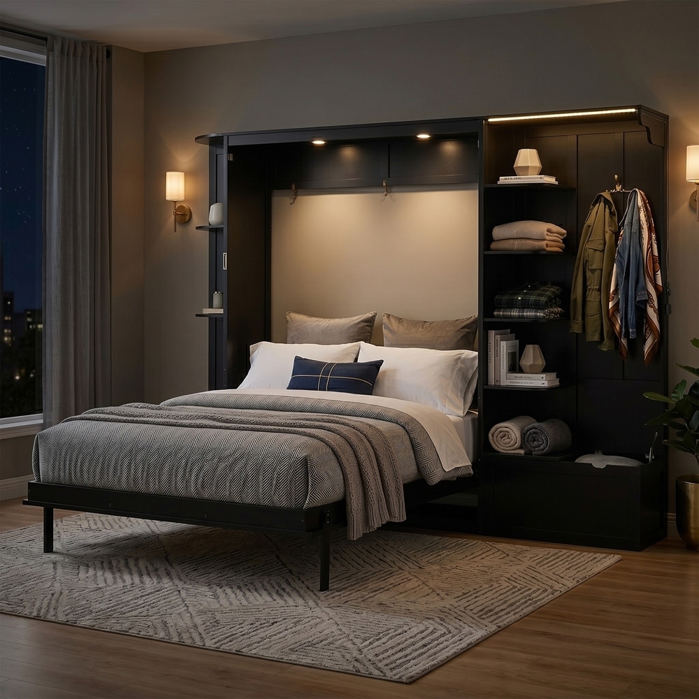 Murphy Bed with Storage and Lights, Hidden Fold-Out Legs