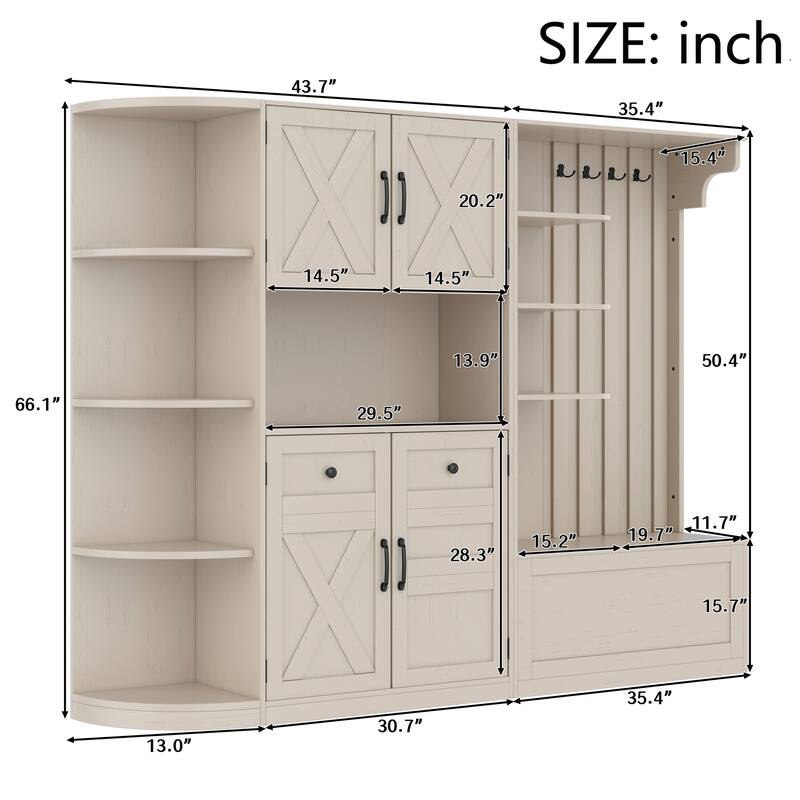 Roomfitters 2-in-1 Hall Tree and Storage Cabinet with Hooks and Shelves, Detachable Entryway Organizer for Living Room