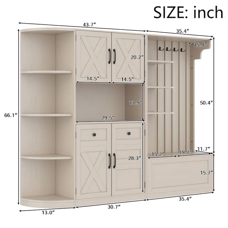 GDFStudio - Jill Versatile Left-Right Combination Hall Cabinet with 4 Hooks and Hall Tree 2-in-1
