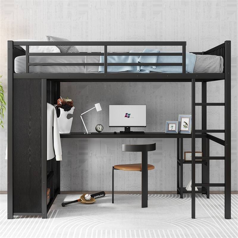 Black Metal Loft Bed Frame with Built-In Wardrobe, Desk and Shelves