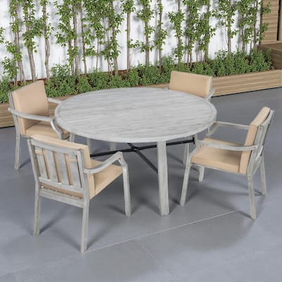 5-Piece Outdoor Patio Acacia Wood Round Dining Set with Umbrella Hole and 4 Cushioned Armchairs