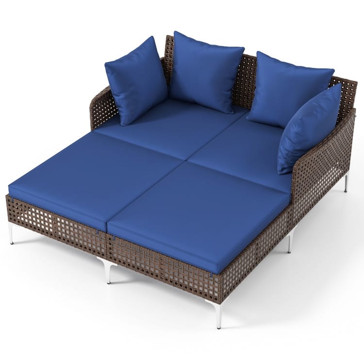 Mix Brown Rattan Day Bed with Cushions Outdoor Lounger - 60" x 52.5" x 27.5" - Navy