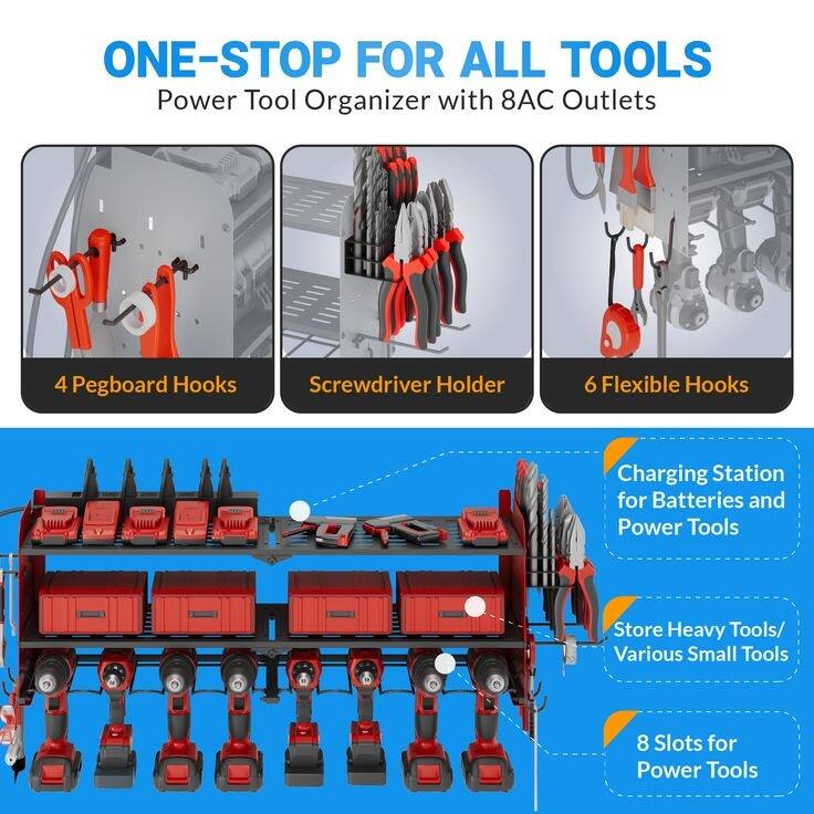 Power Tool Organizer with Charging Station Garage 8 Drill Holders Wall Mount with 8 Outlets Power Strip