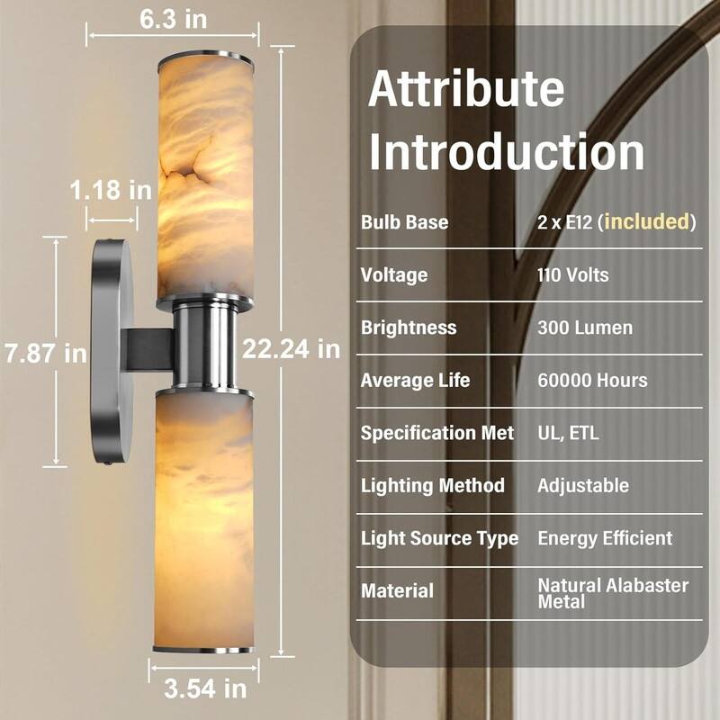 KAYLA Alabaster Wall Sconce 22", Modern Brass Wall Light, Spanish Natural Marble Indoor Sconces