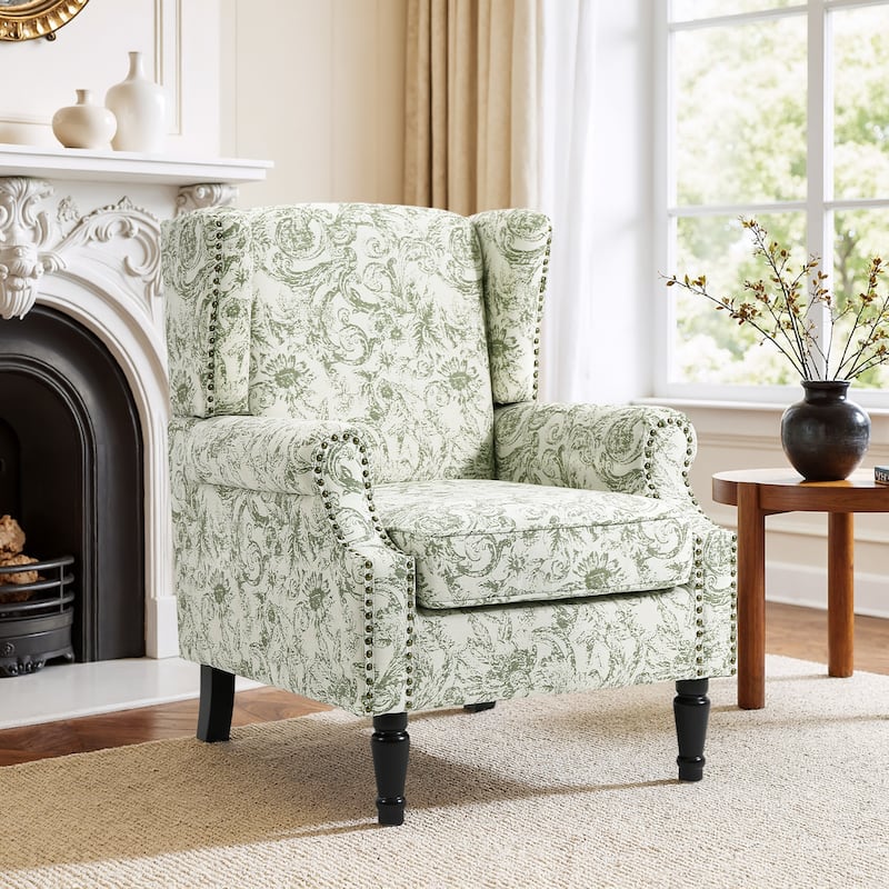 Traditional Floral Patterned Wingback Armchair with Nailhead Trim