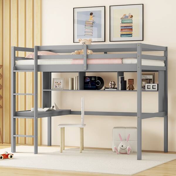 slide 2 of 26, Elegant Twin Loft Kids Bed with Desk,Storage Shelves,Guardrail,Ladder Grey