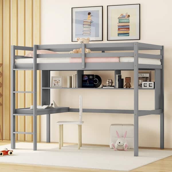 slide 1 of 1, Twin Kids Loft Bed with Built-in Desk & Guardrails, Pine Wood Lofted Bed Frame w/ Bookshelves for Boys Girls Teens Kids Bedroom Grey - Twin