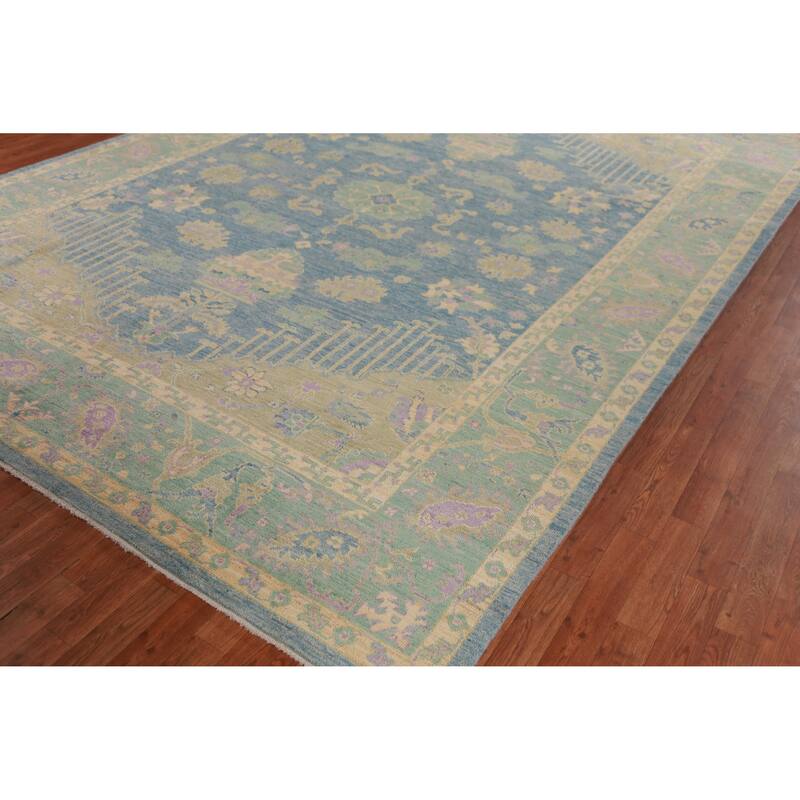 Hand Knotted Oriental 100% Wool Carpet Transitional Floral Navy Blue & Blues Oushak Area Rug - 11' 11'' X 8' 11''